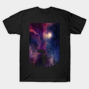 Astronaut with umbrella on distant world in interstellar rain T-Shirt